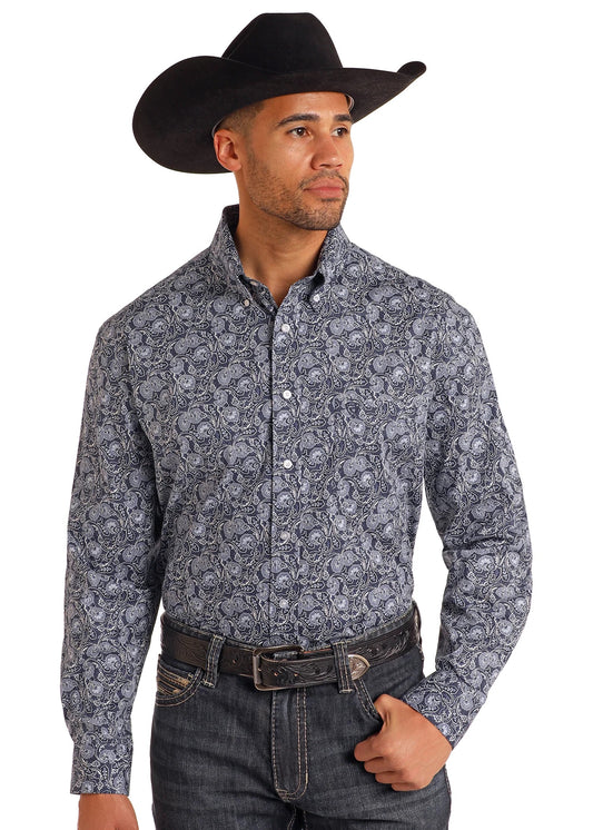 Panhandle CLASSIC FIT NAVY PAISLEY LONG SLEEVE BUTTON DOWN SHIRT